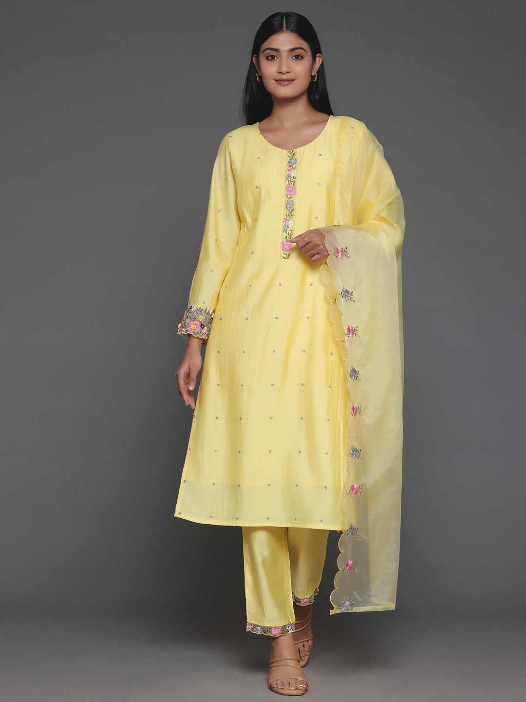 Yellow Embroidered Silk Blend Straight Suit With Dupatta - Libas