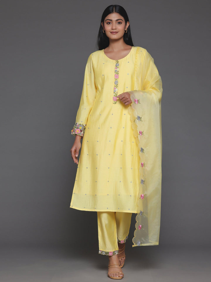 Yellow Embroidered Silk Blend Straight Suit With Dupatta - Libas