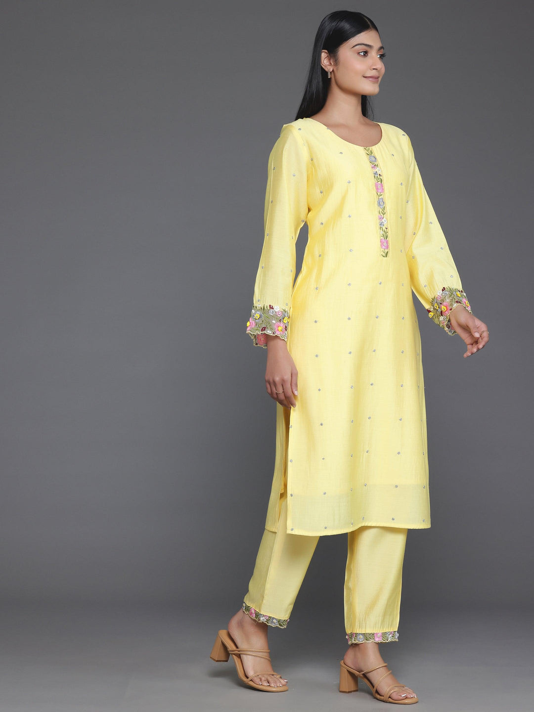 Yellow Embroidered Silk Blend Straight Suit With Dupatta - Libas 