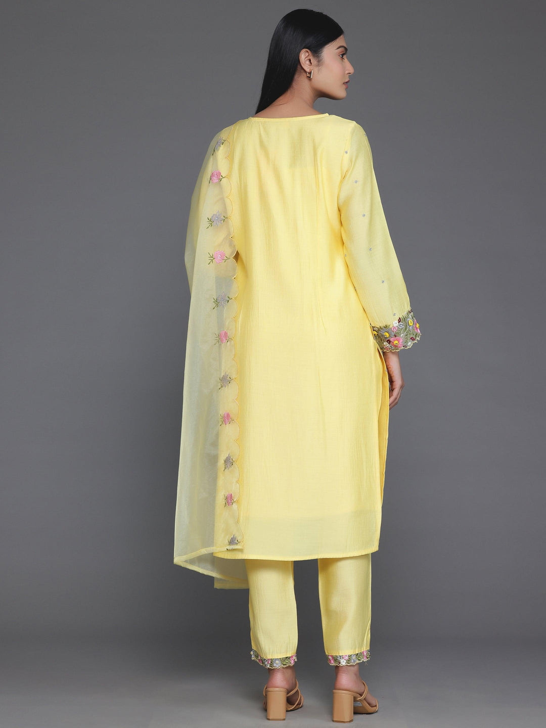 Yellow Embroidered Silk Blend Straight Suit With Dupatta - Libas 