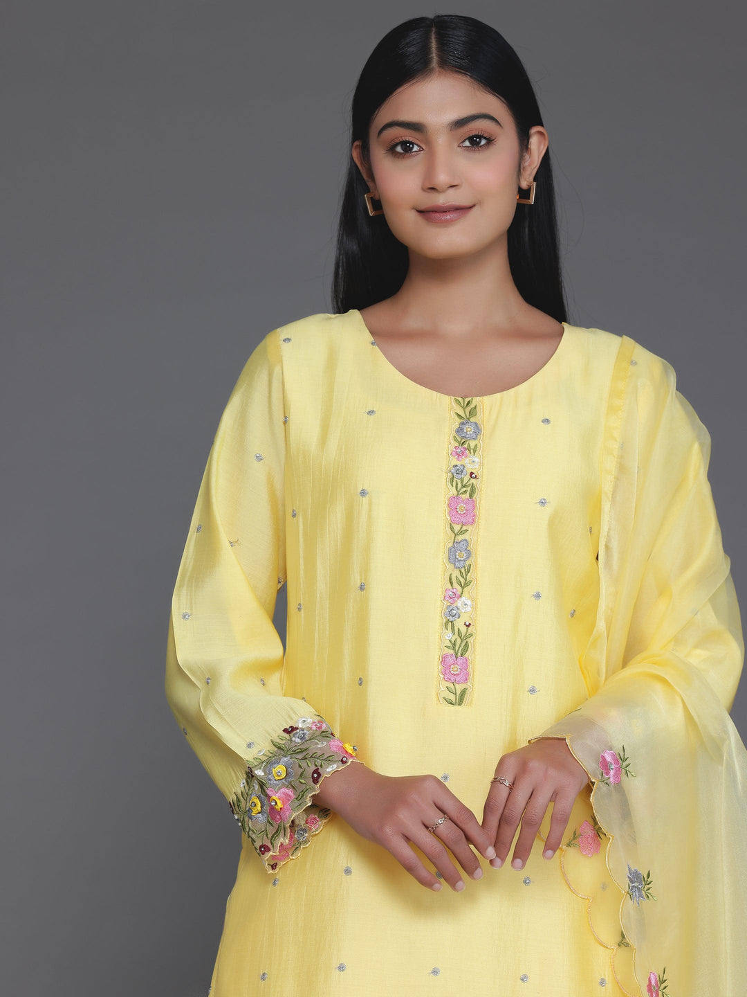 Yellow Embroidered Silk Blend Straight Suit With Dupatta - Libas 