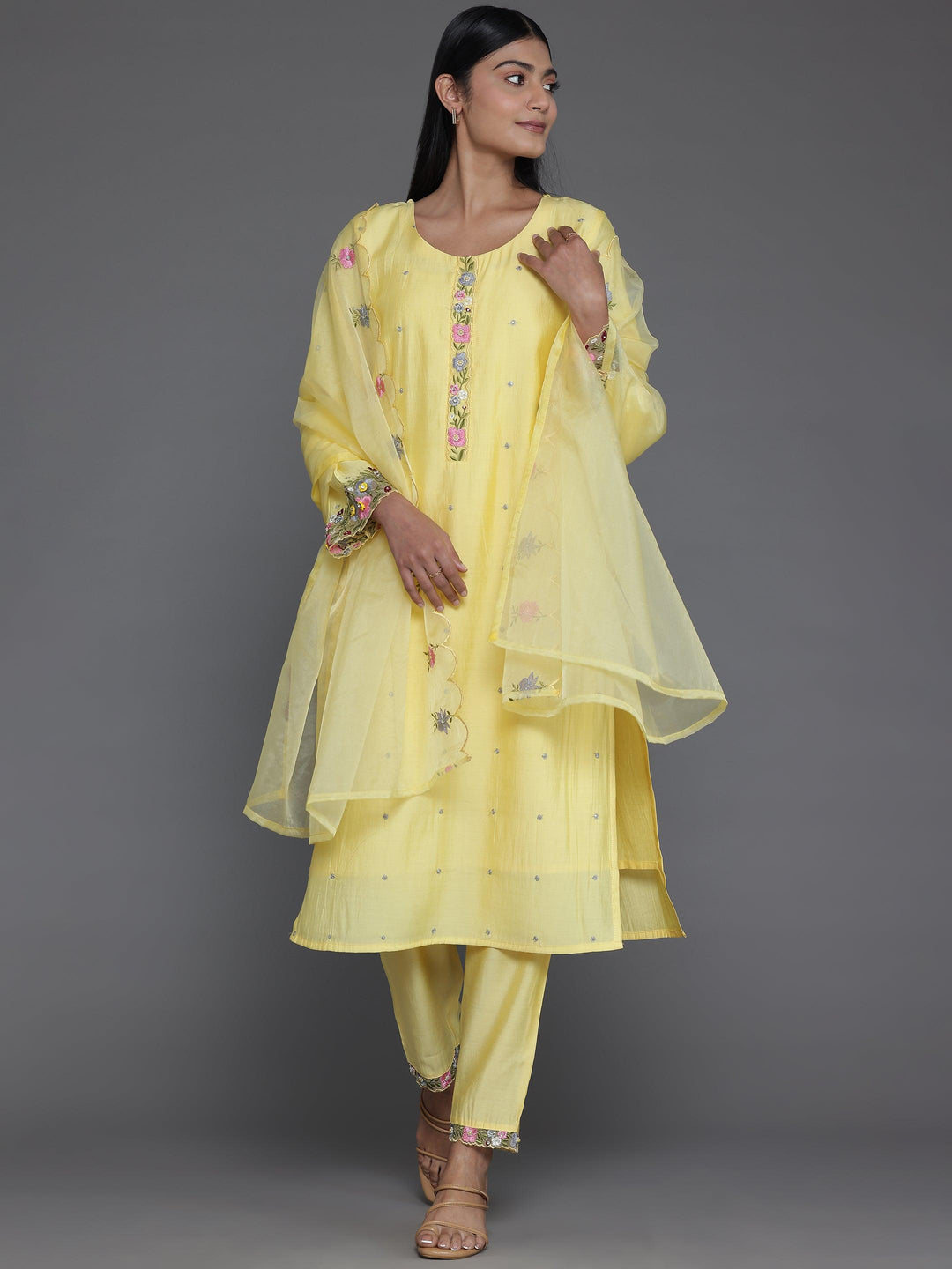 Yellow Embroidered Silk Blend Straight Suit With Dupatta - Libas 