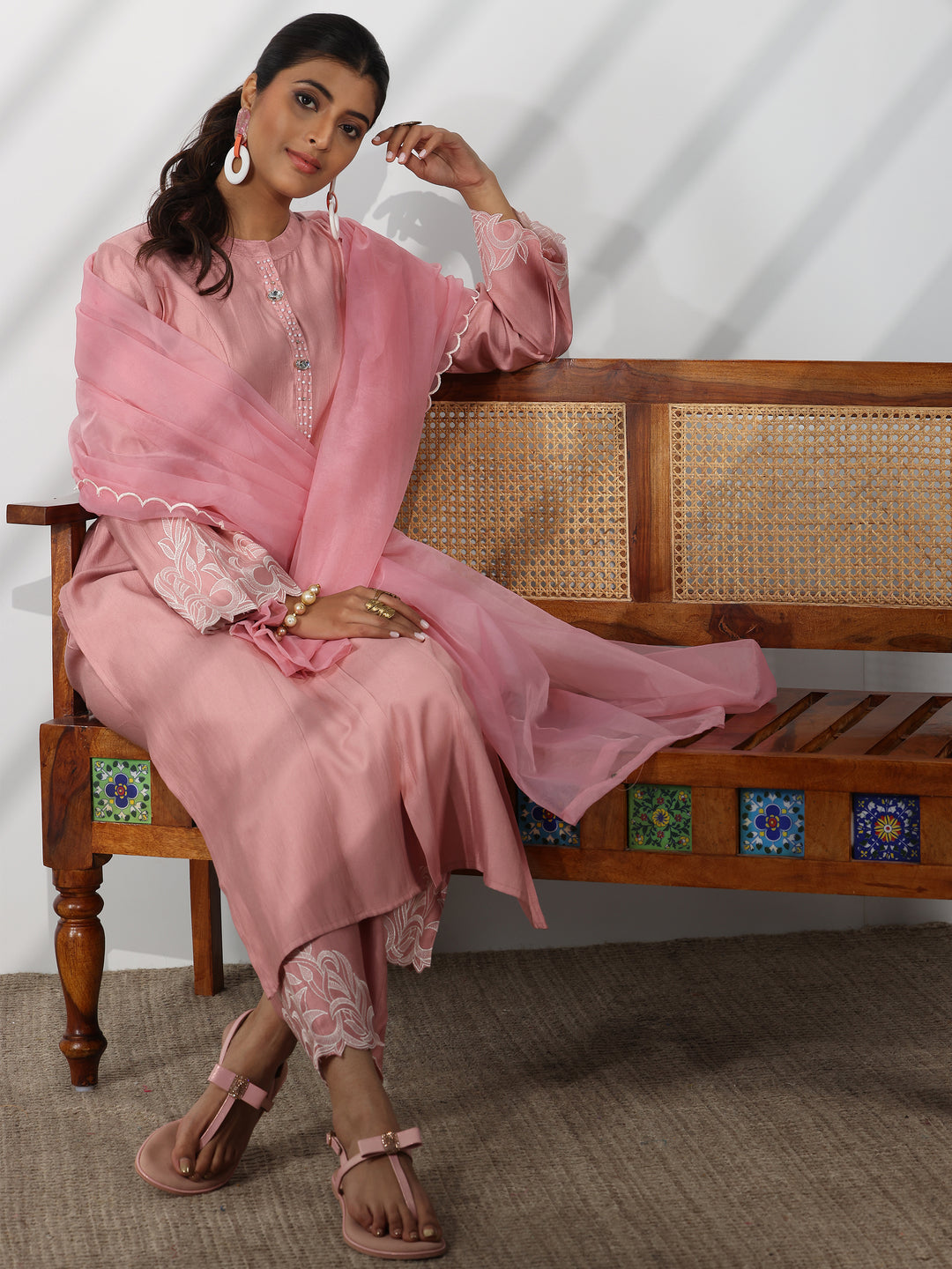 Dusty Pink Solid Silk Blend Straight Suit With Dupatta