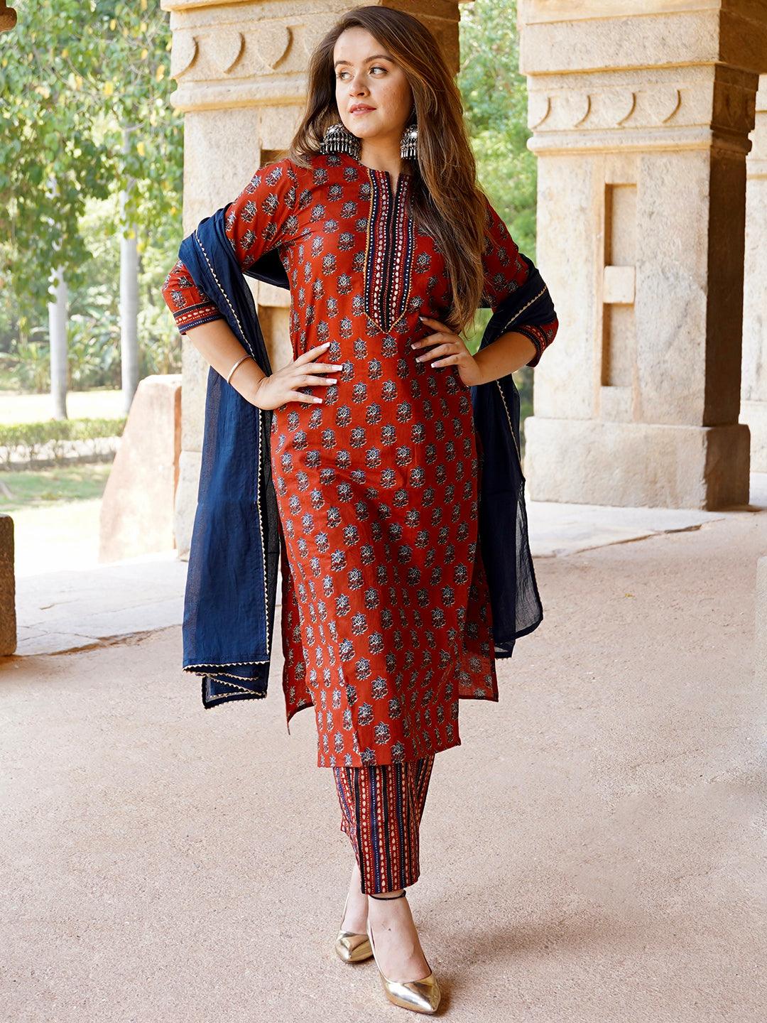 Rust Printed Cotton Straight Suit With Dupatta - Libas 