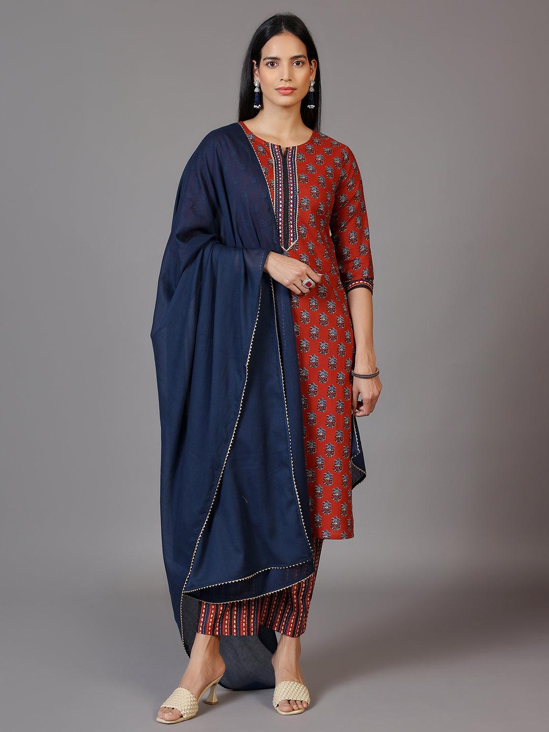 Rust Printed Cotton Straight Suit With Dupatta - Libas 