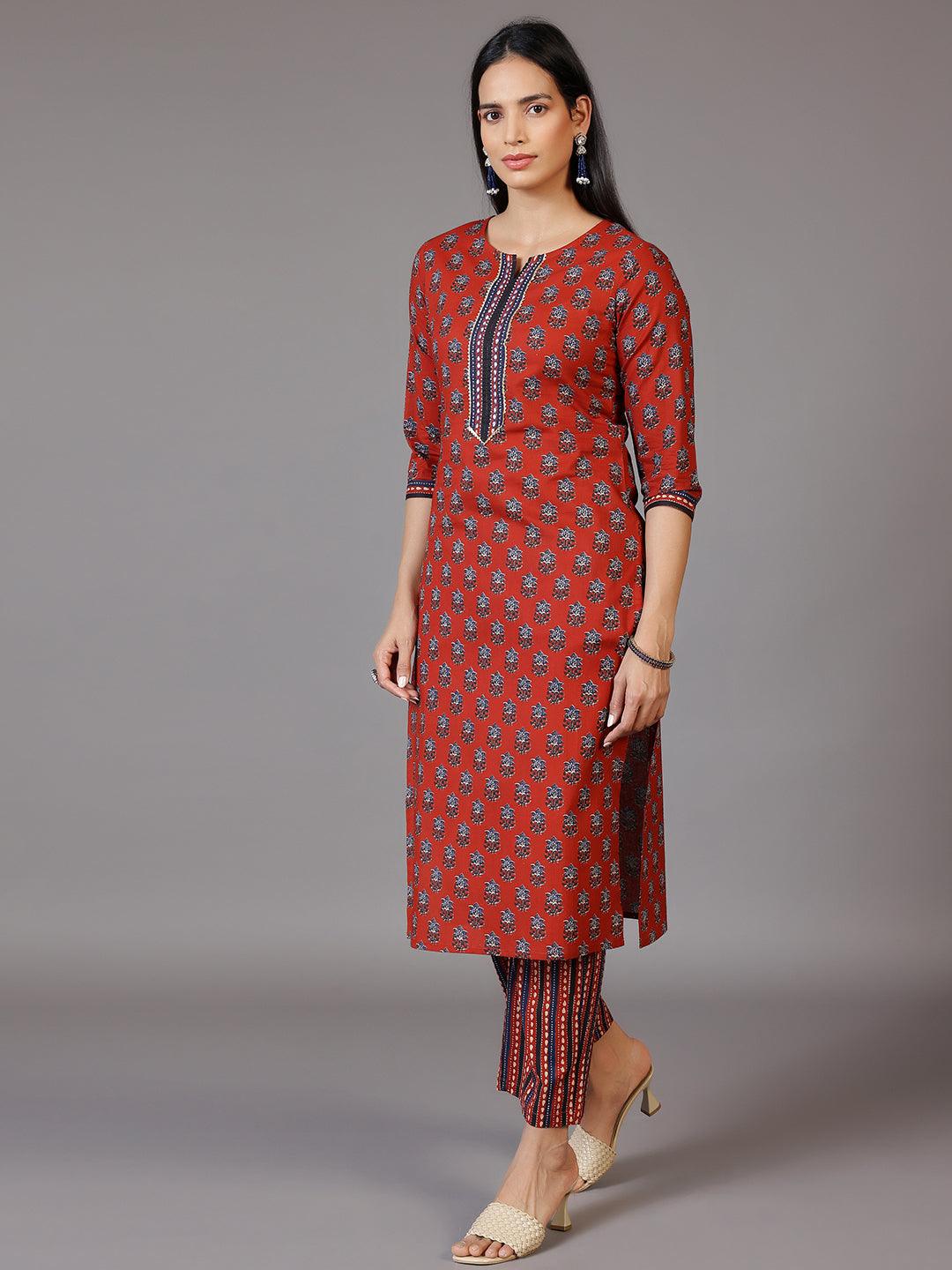 Rust Printed Cotton Straight Suit With Dupatta - Libas