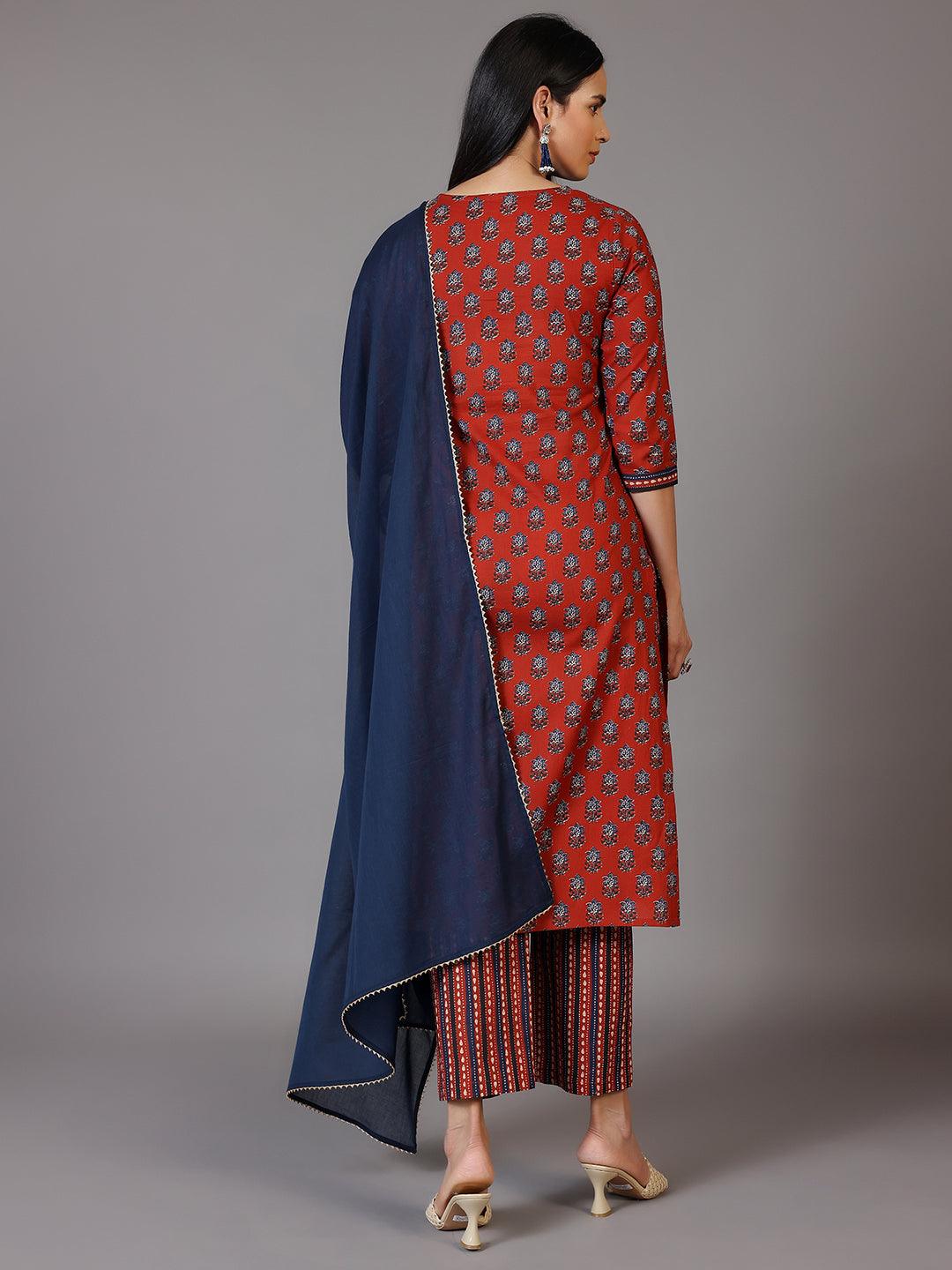 Rust Printed Cotton Straight Suit With Dupatta - Libas