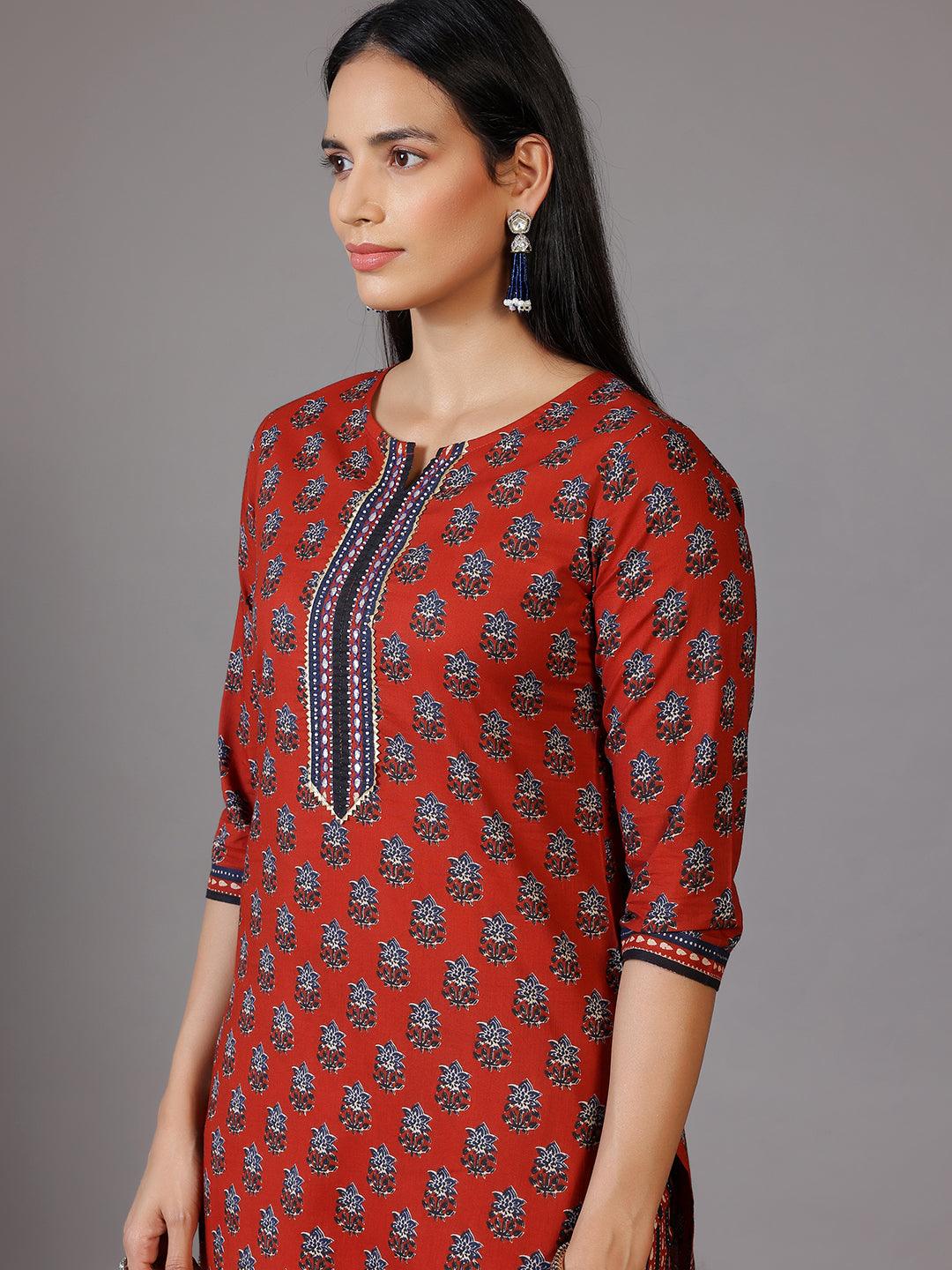 Rust Printed Cotton Straight Suit With Dupatta - Libas 