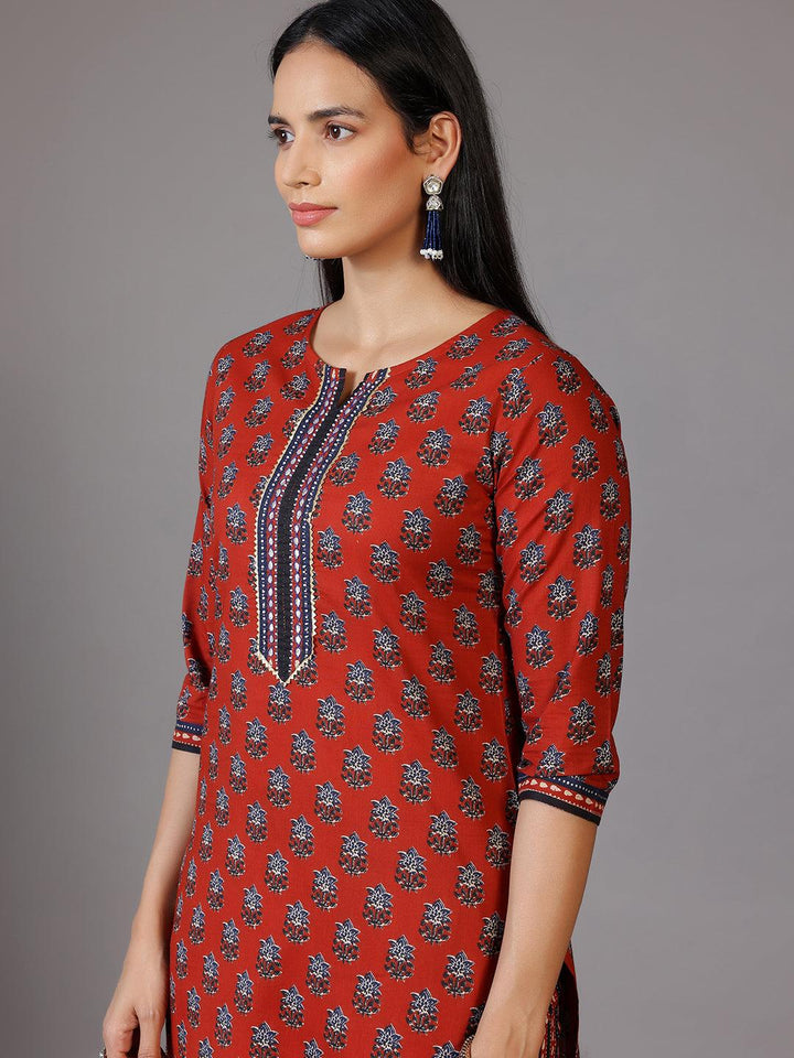 Rust Printed Cotton Straight Suit With Dupatta - Libas