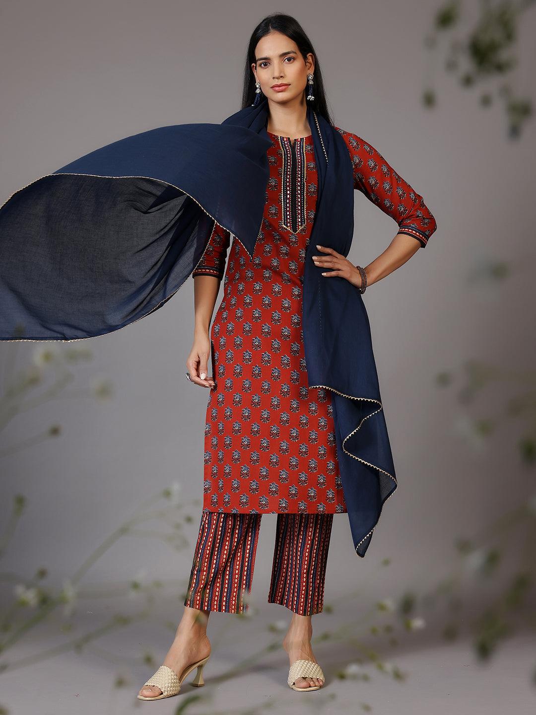 Rust Printed Cotton Straight Suit With Dupatta - Libas 