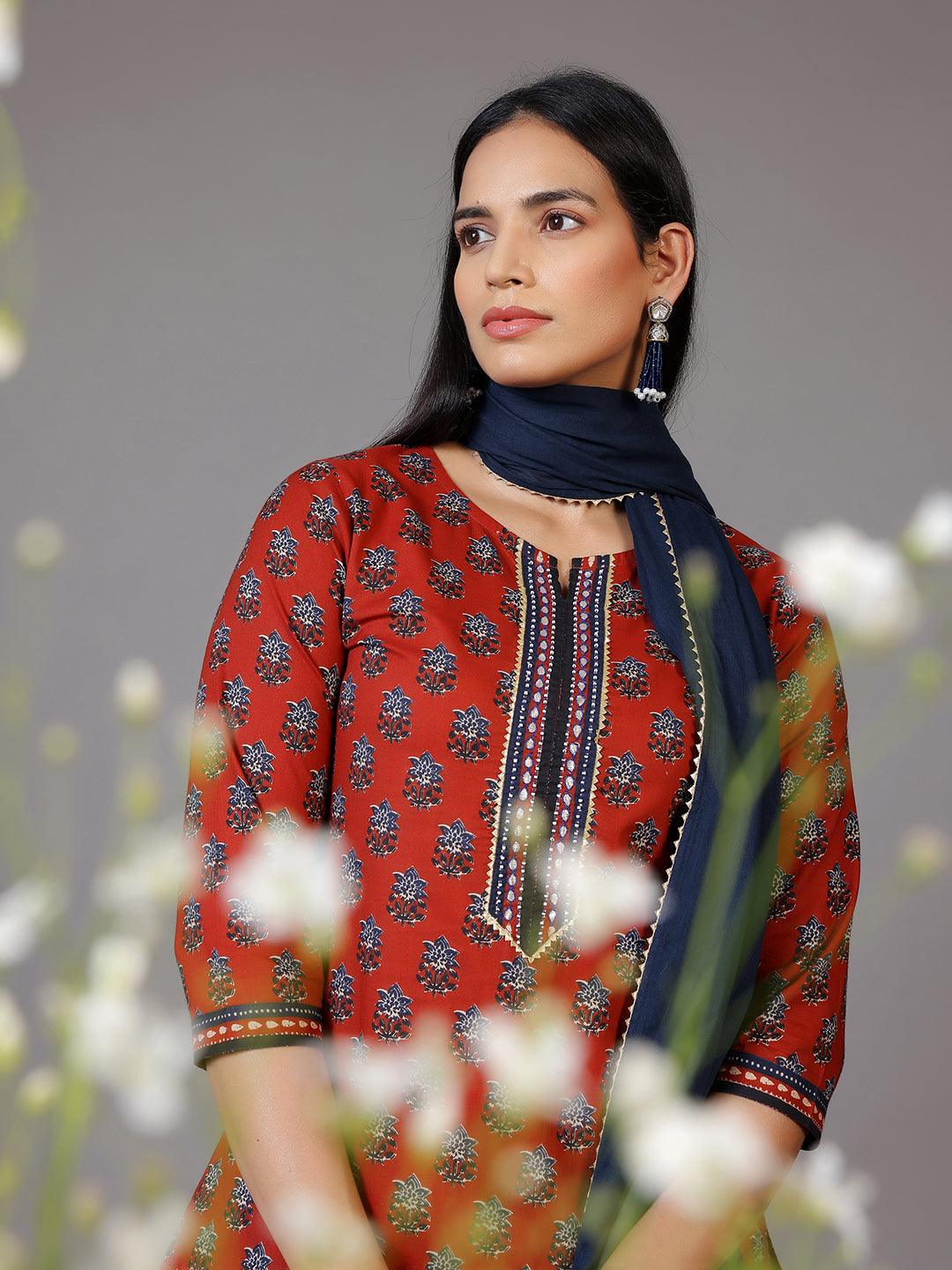 Rust Printed Cotton Straight Suit With Dupatta - Libas 