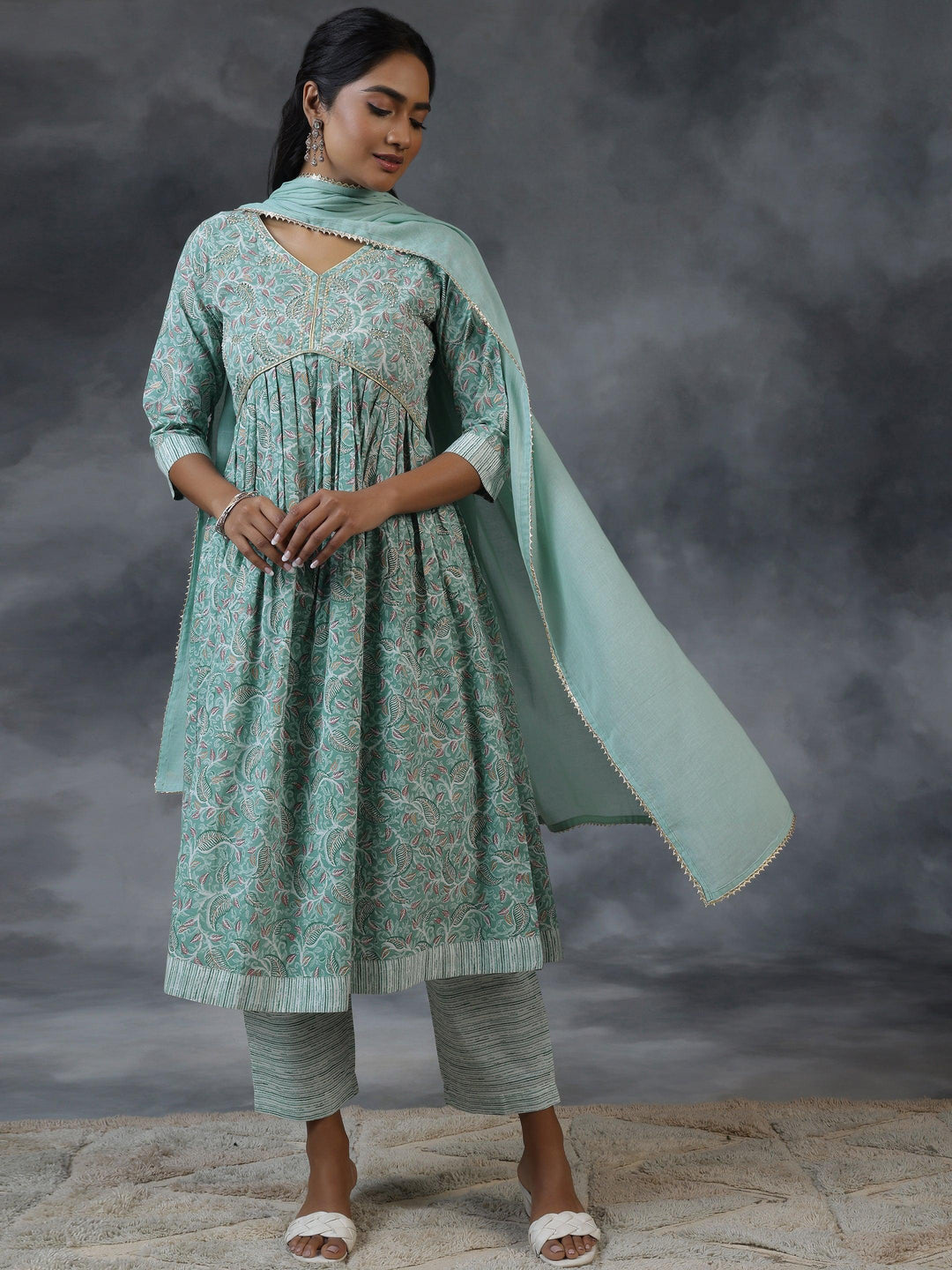 Green Printed Cotton Anarkali Suit With Dupatta - Libas 