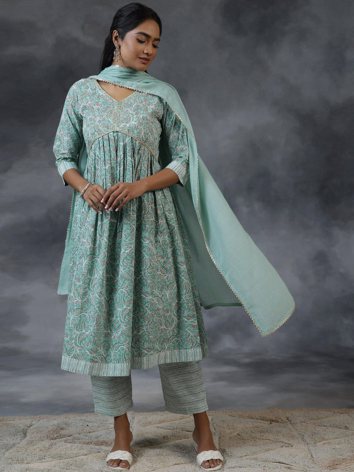 Green Printed Cotton Anarkali Suit With Dupatta - Libas