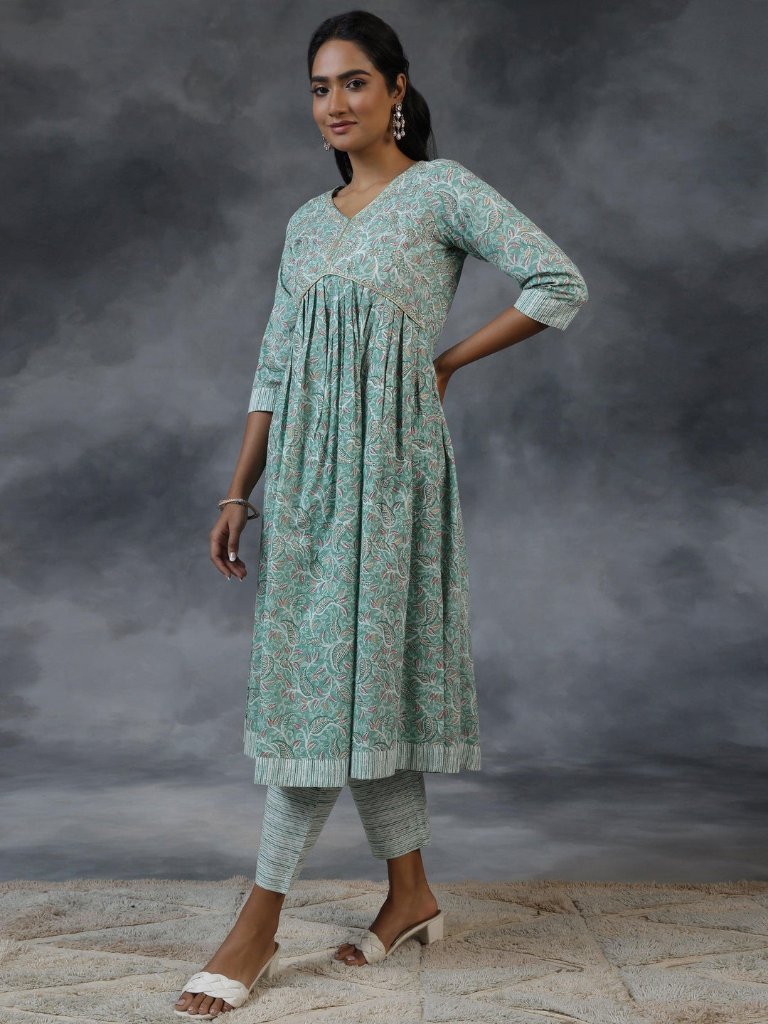 Green Printed Cotton Anarkali Suit With Dupatta - Libas