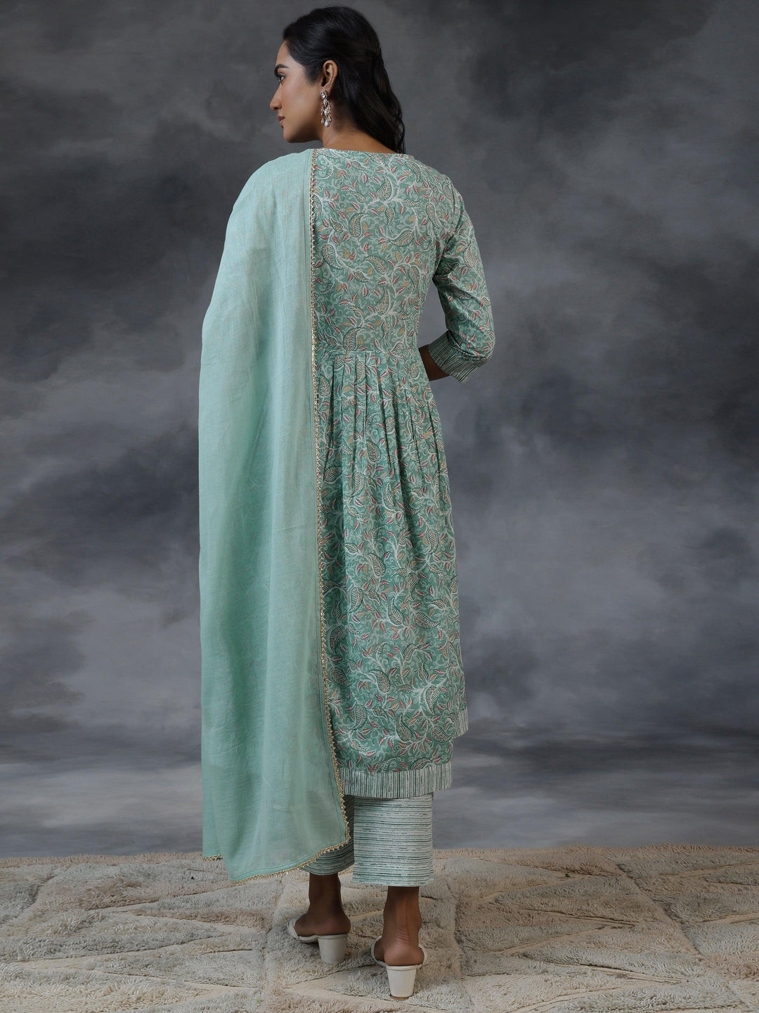 Green Printed Cotton Anarkali Suit With Dupatta - Libas 