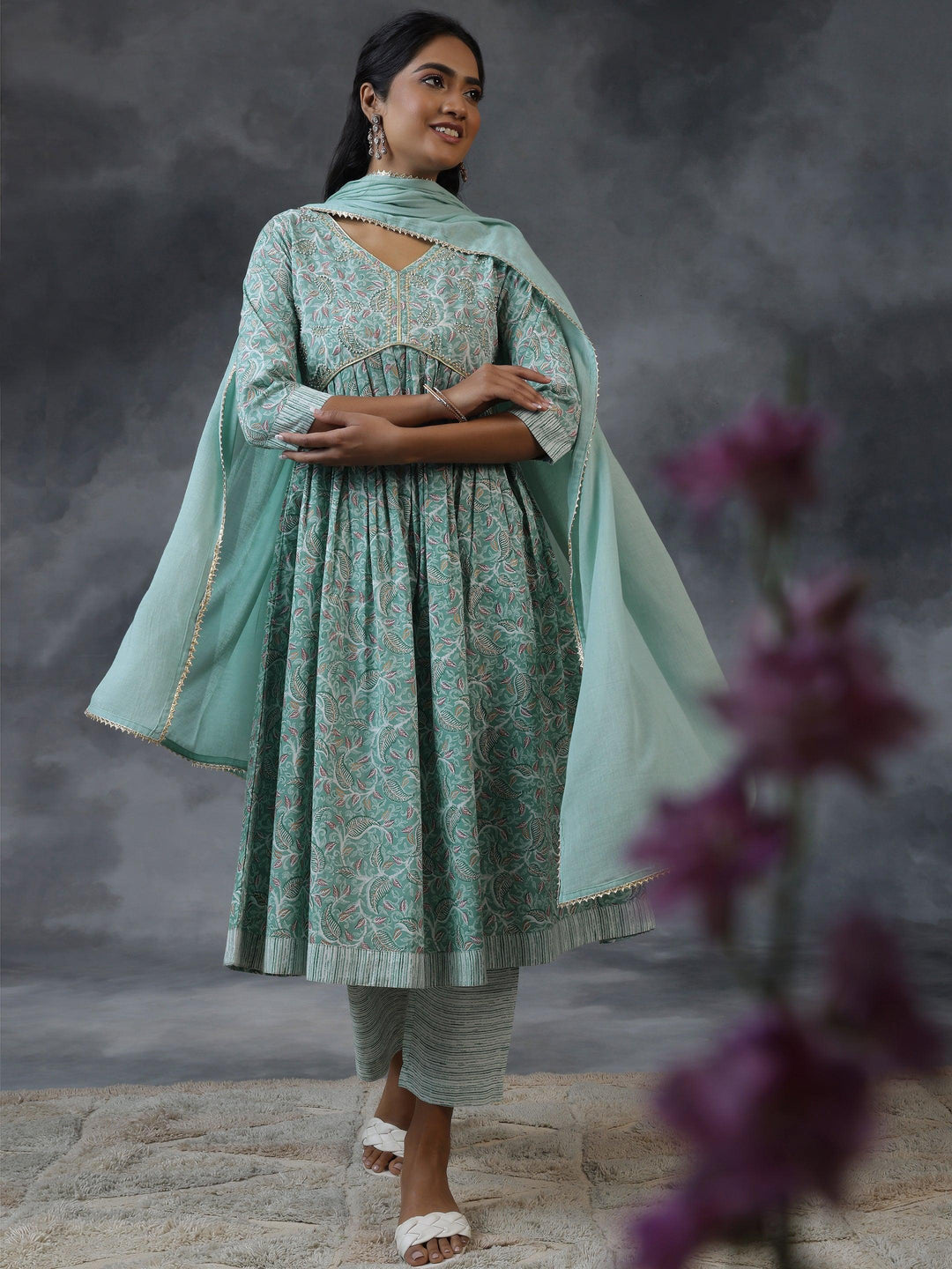 Green Printed Cotton Anarkali Suit With Dupatta - Libas 