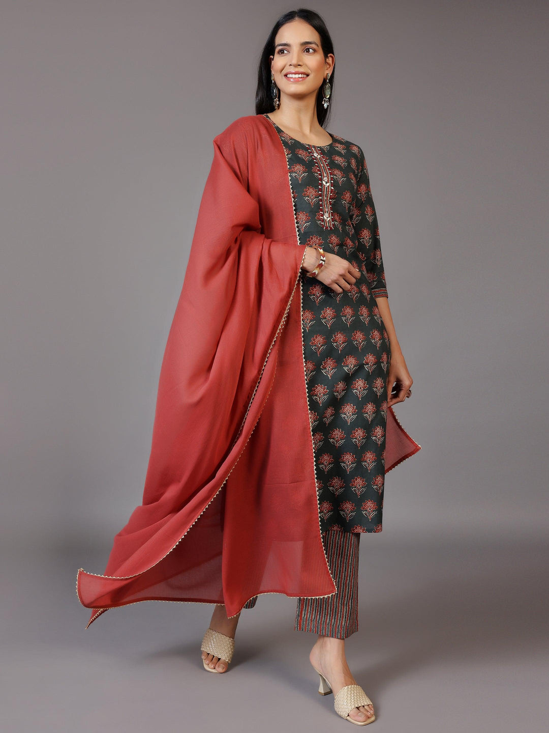 Green Printed Cotton Straight Suit With Dupatta - Libas 