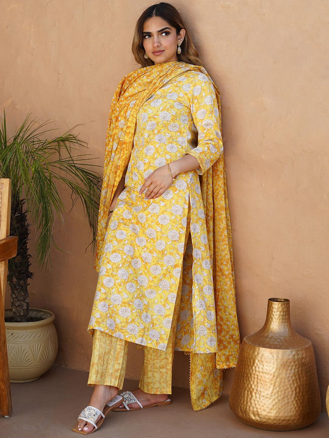 Yellow Printed Cotton Straight Suit With Dupatta - Libas