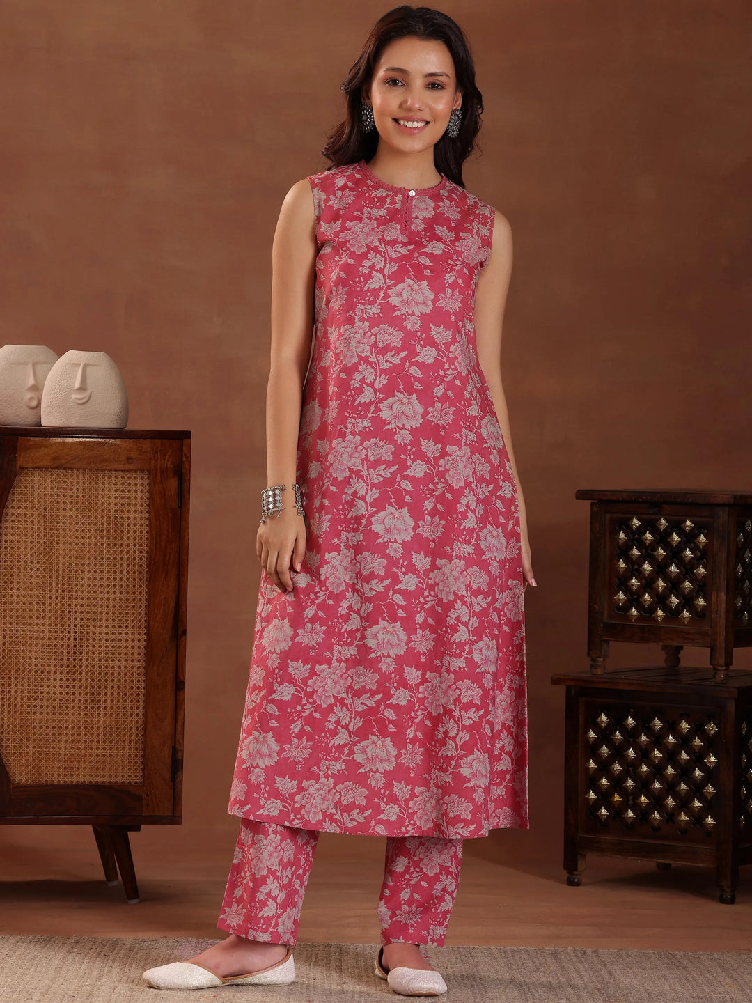  Pink Printed Pure Cotton A-Line Kurta With Trousers 