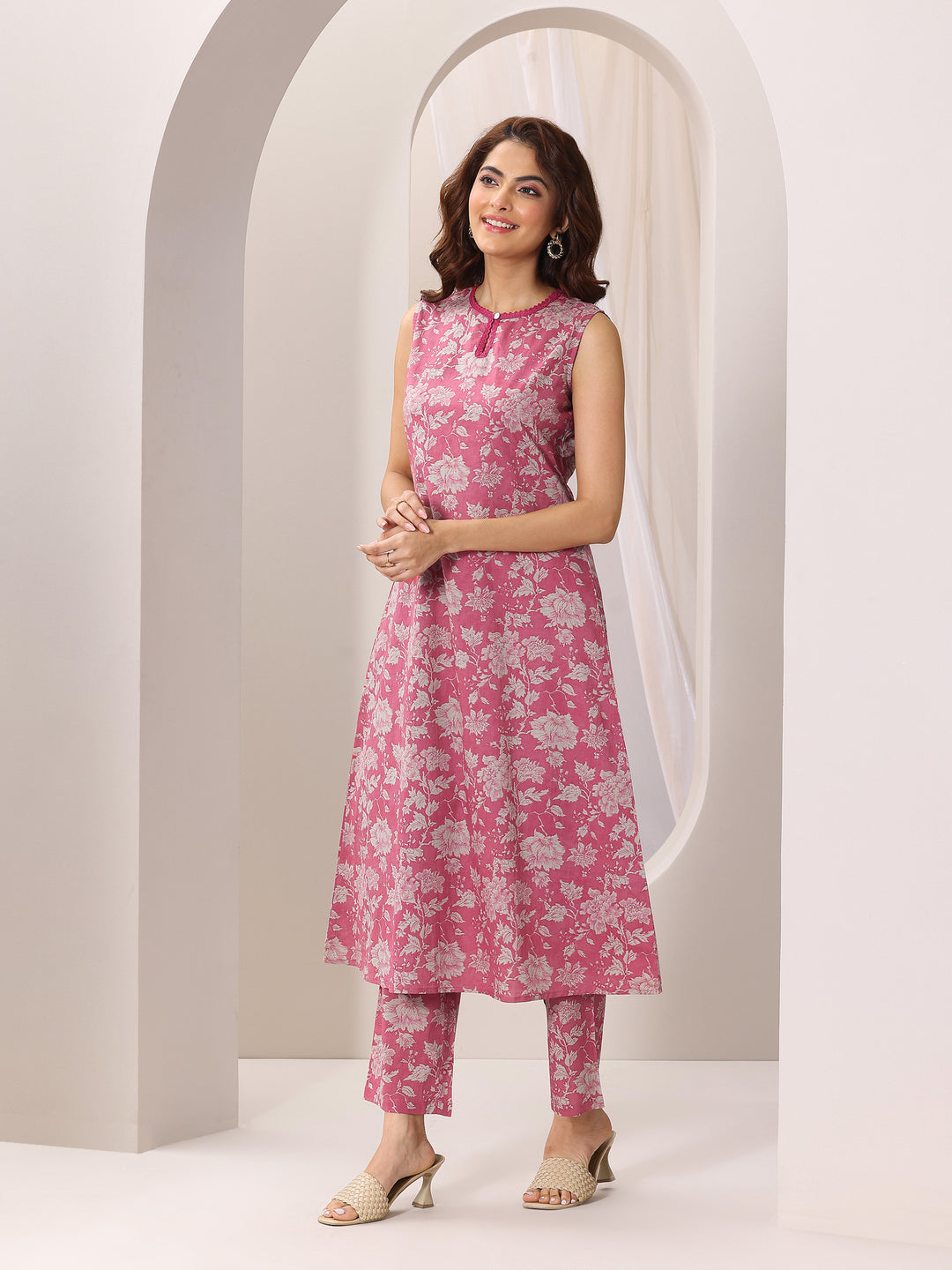  Pink Printed Pure Cotton A-Line Kurta With Trousers 