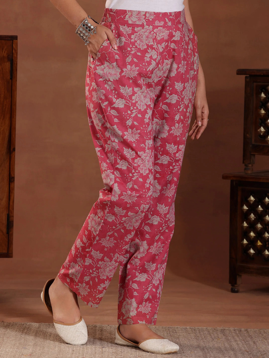  Pink Printed Pure Cotton A-Line Kurta With Trousers 