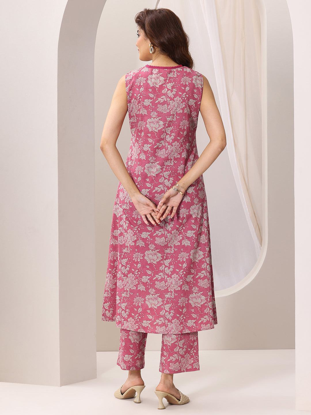  Pink Printed Pure Cotton A-Line Kurta With Trousers 