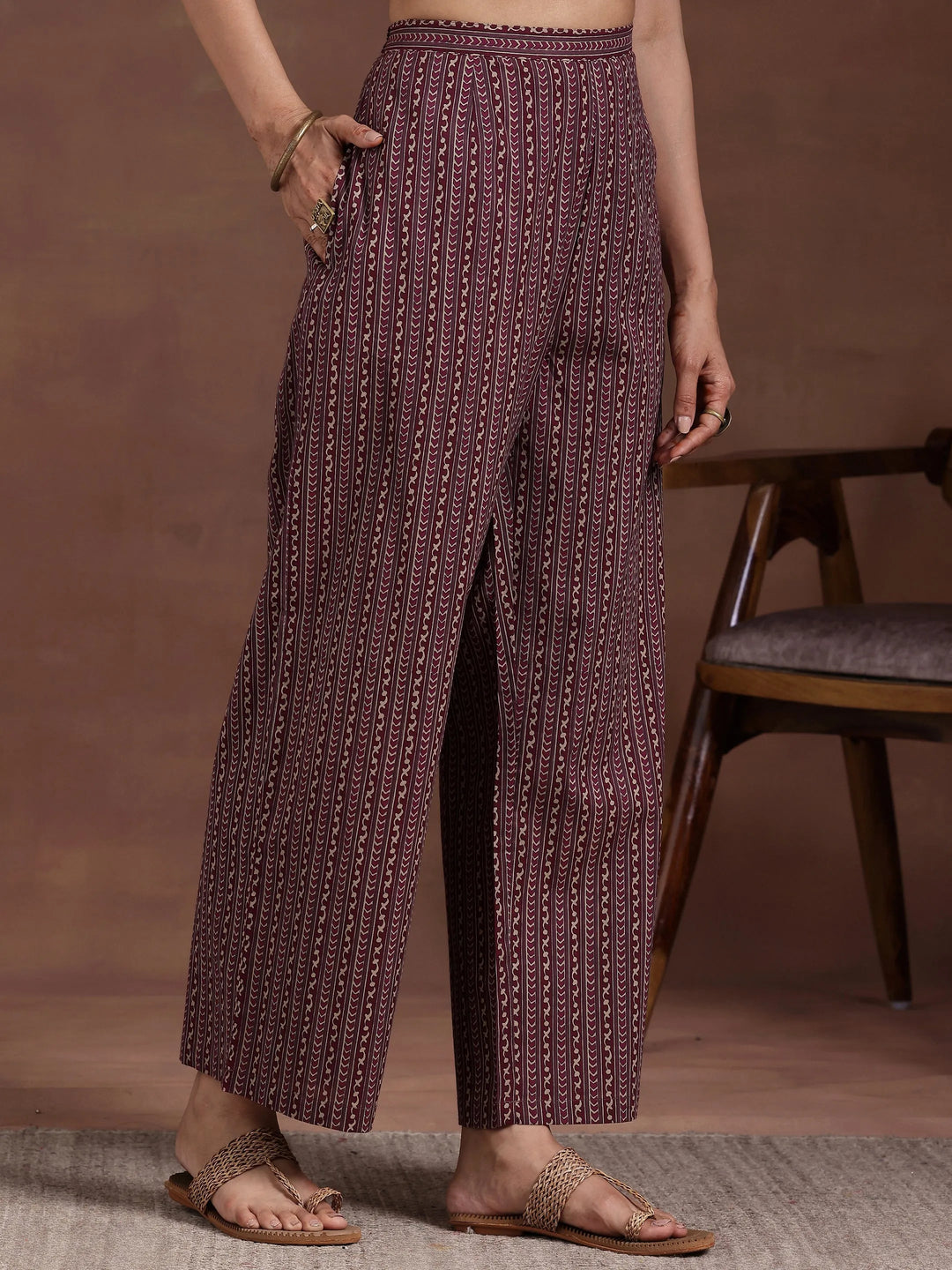  Maroon Printed Cotton A-Line Kurta With Trousers 