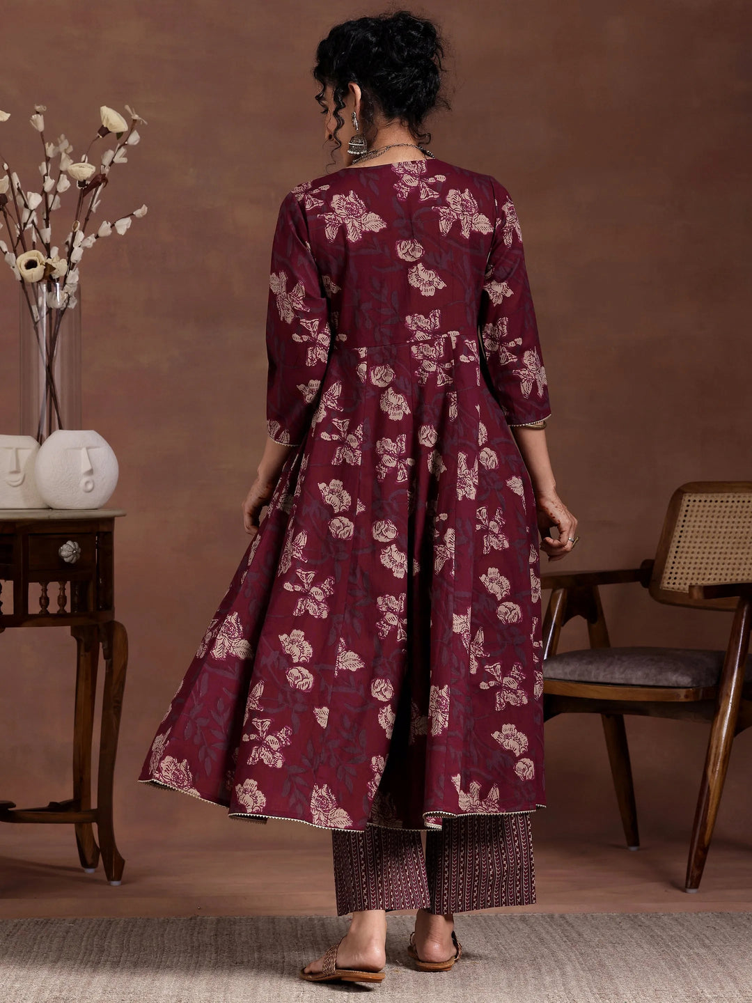  Maroon Printed Cotton A-Line Kurta With Trousers 