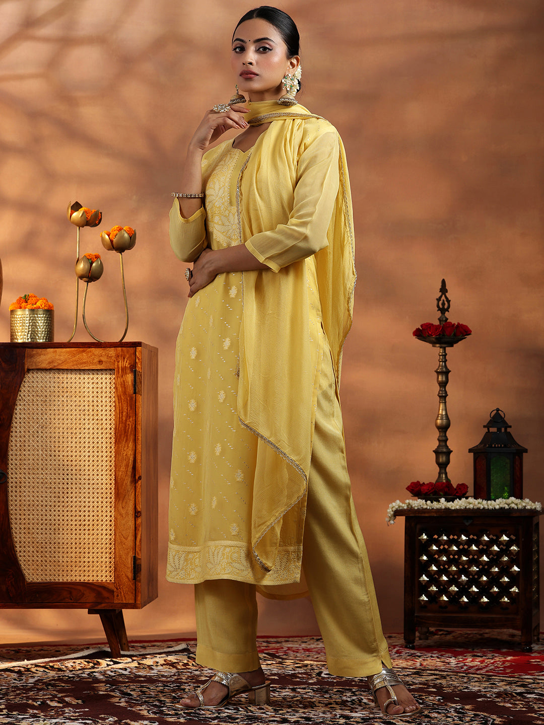  Yellow Embroidered Organza Straight Suit With Dupatta 