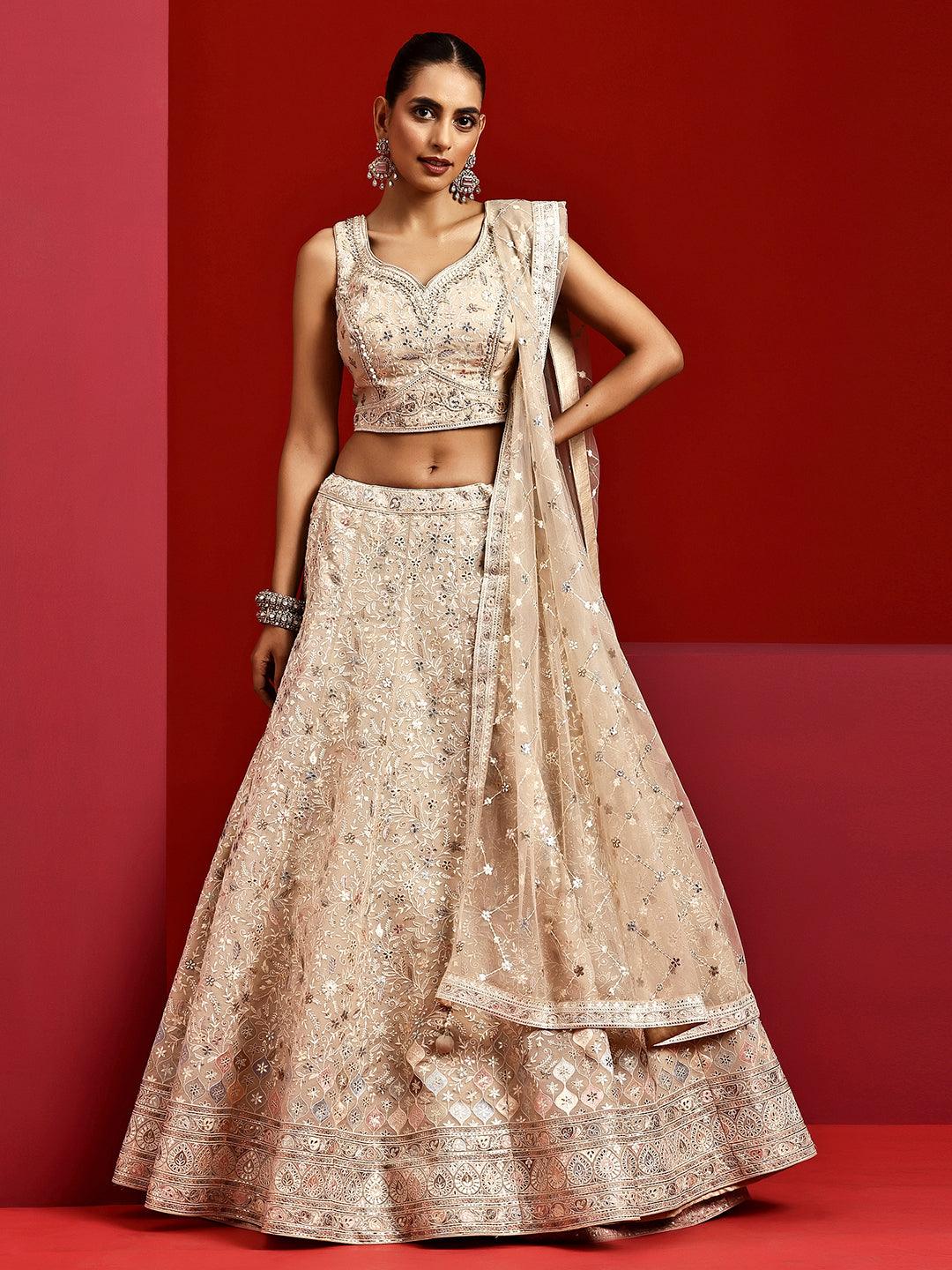 Libas Art Beige Embroidered Silk Blend Lehenga Set - Libas 