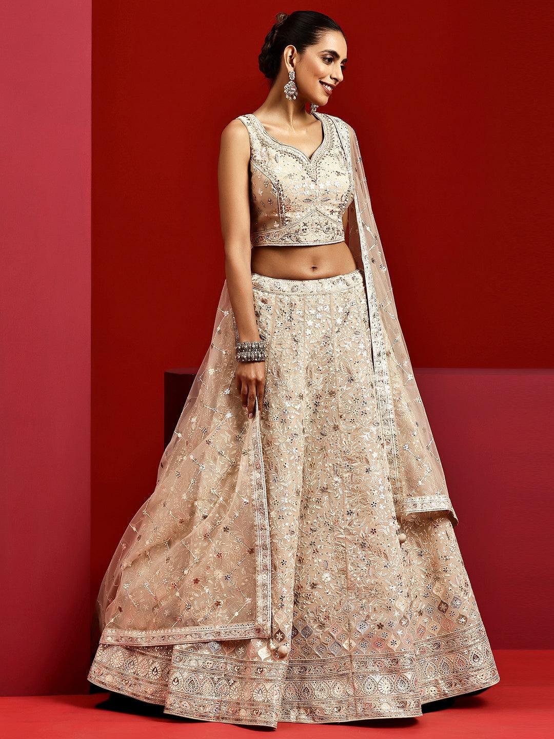 Libas Art Beige Embroidered Silk Blend Lehenga Set - Libas 