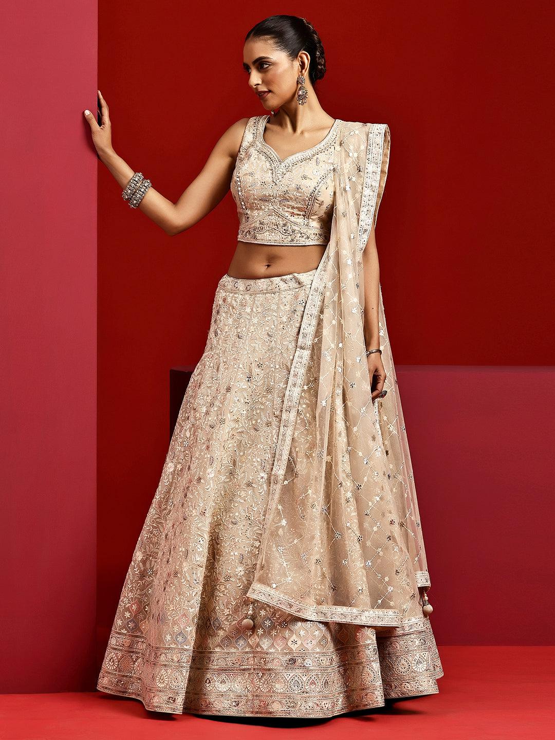 Libas Art Beige Embroidered Silk Blend Lehenga Set - Libas 