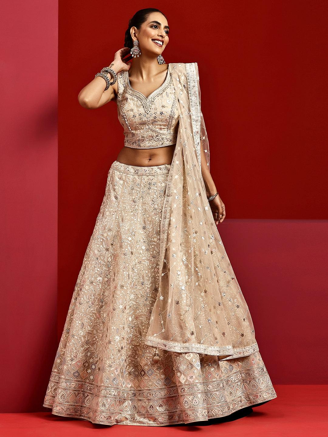 Libas Art Beige Embroidered Silk Blend Lehenga Set - Libas 