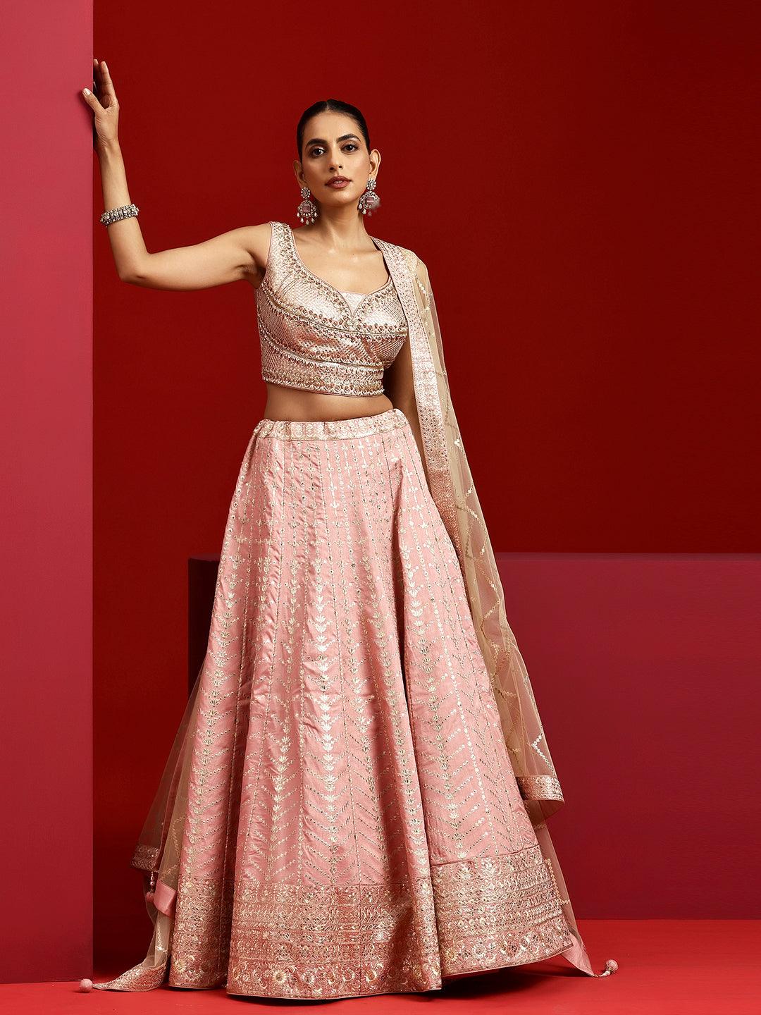 Libas Art Pink Embellished Silk Blend Lehenga Set - Libas