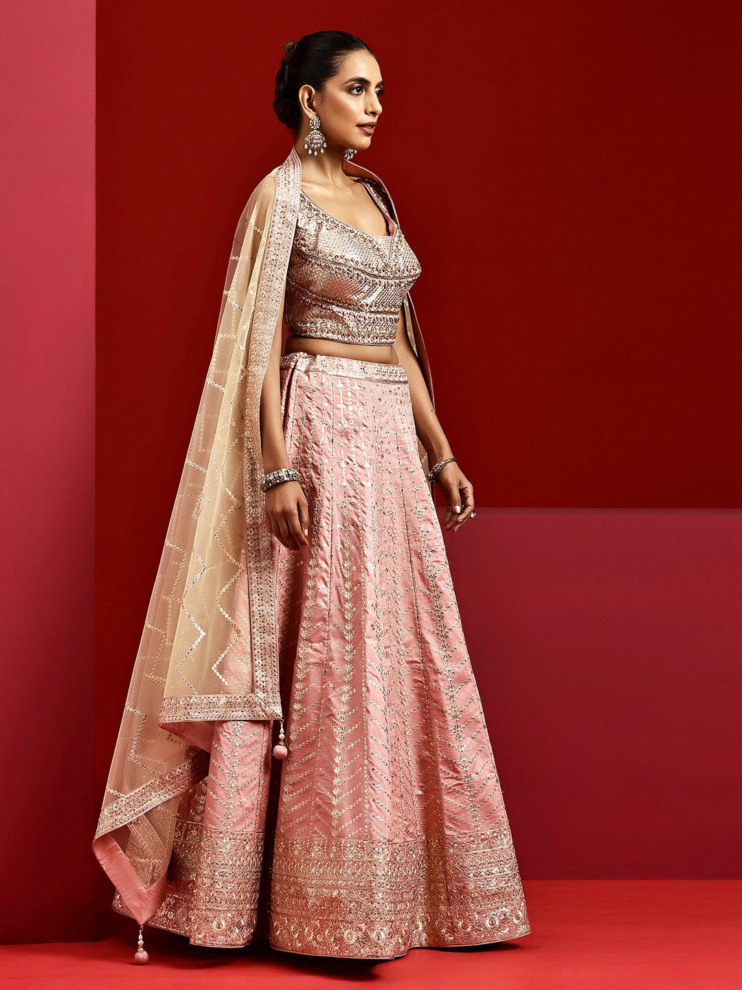 Libas Art Pink Embellished Silk Blend Lehenga Set - Libas 