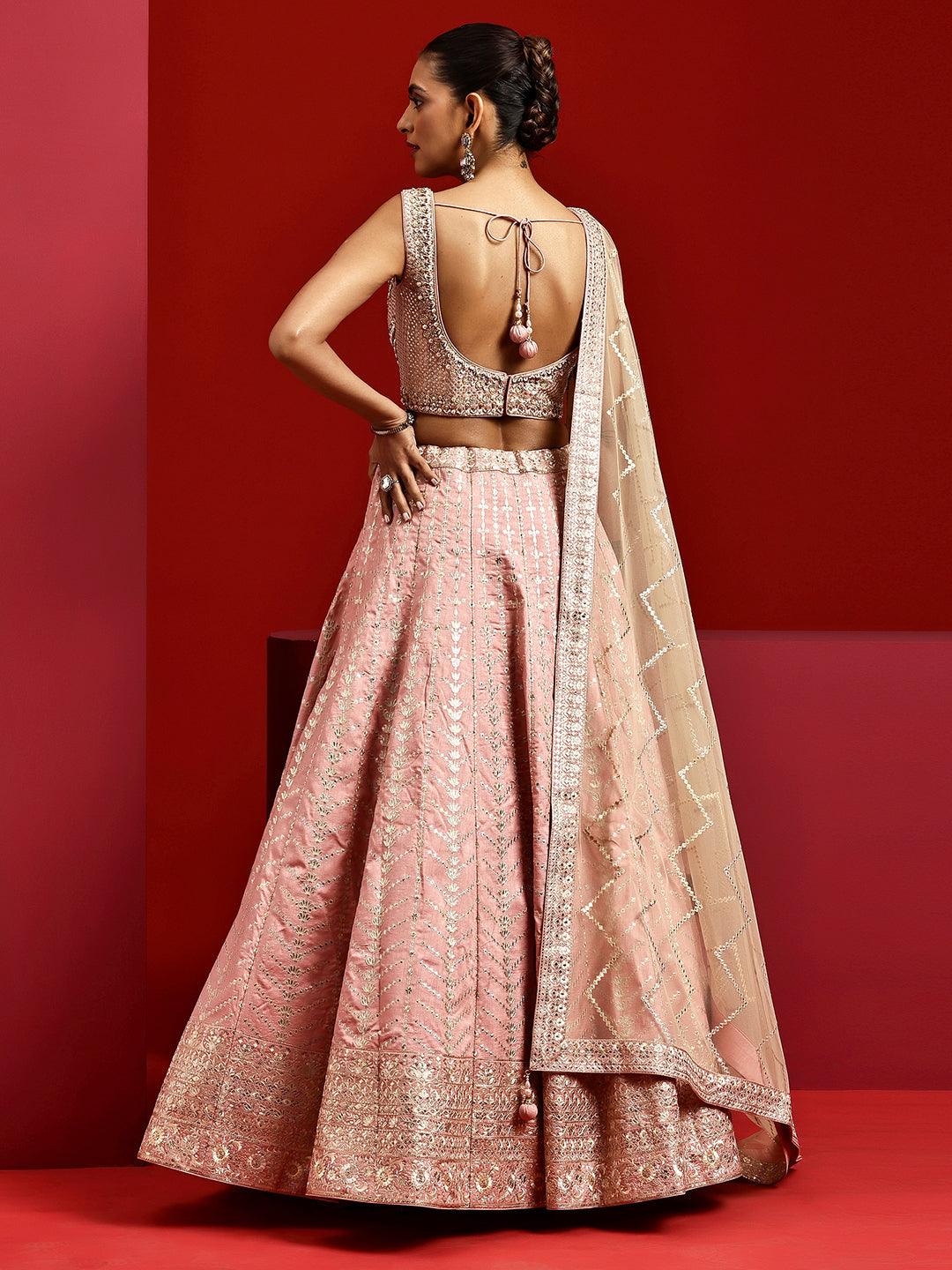 Libas Art Pink Embellished Silk Blend Lehenga Set - Libas 