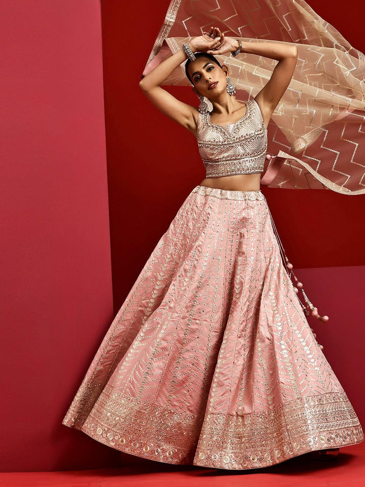 Libas Art Pink Embellished Silk Blend Lehenga Set - Libas