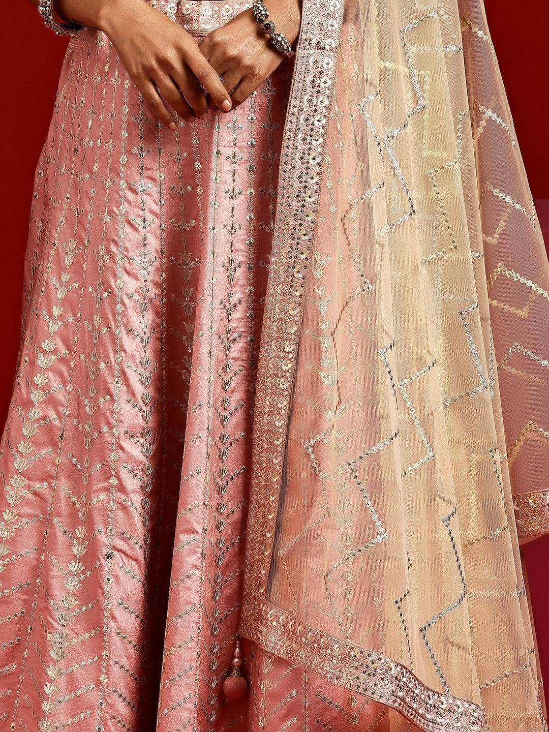 Libas Art Pink Embellished Silk Blend Lehenga Set - Libas 