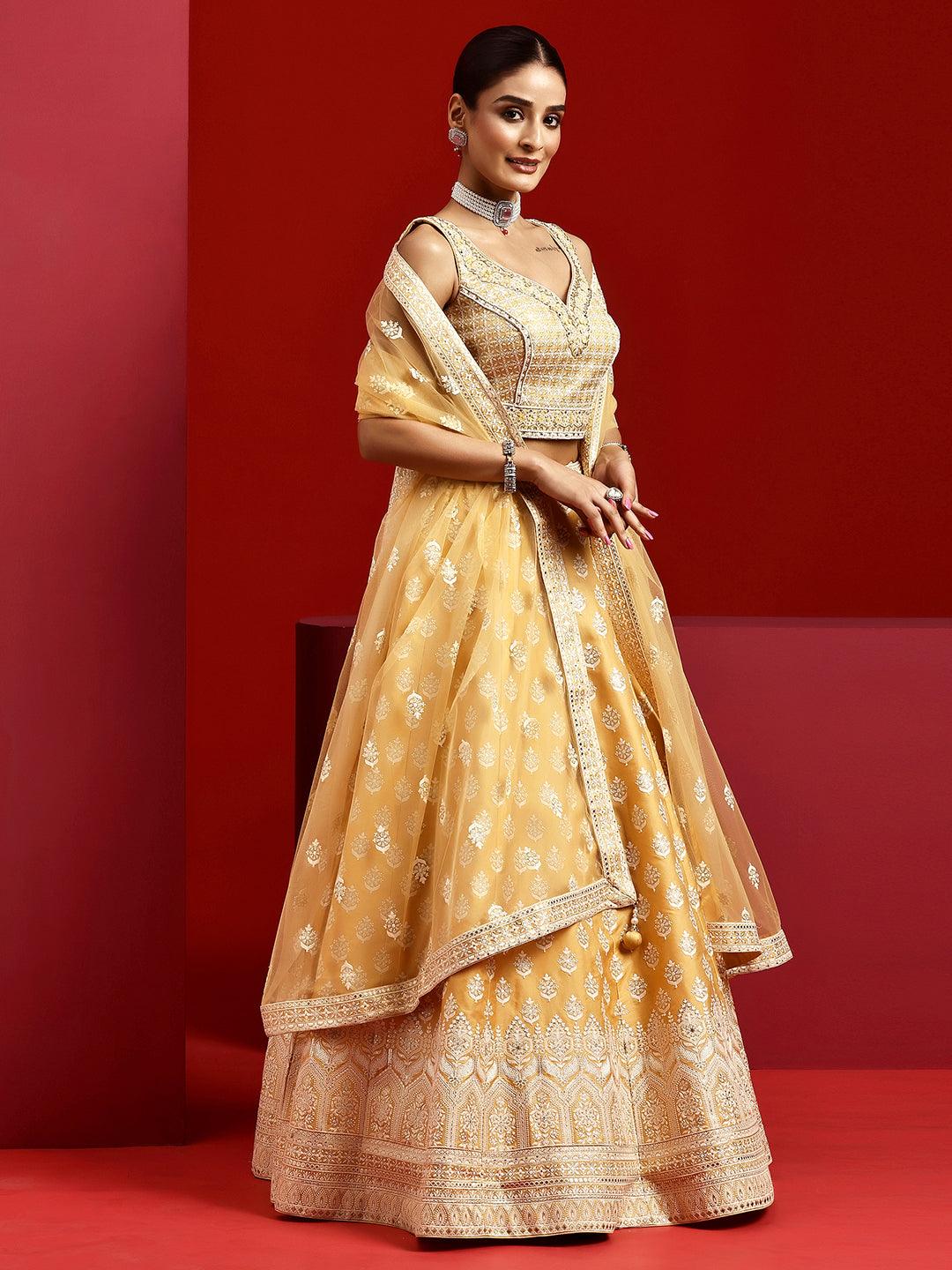 Libas Art Yellow Embroidered Silk Blend Lehenga Set - Libas