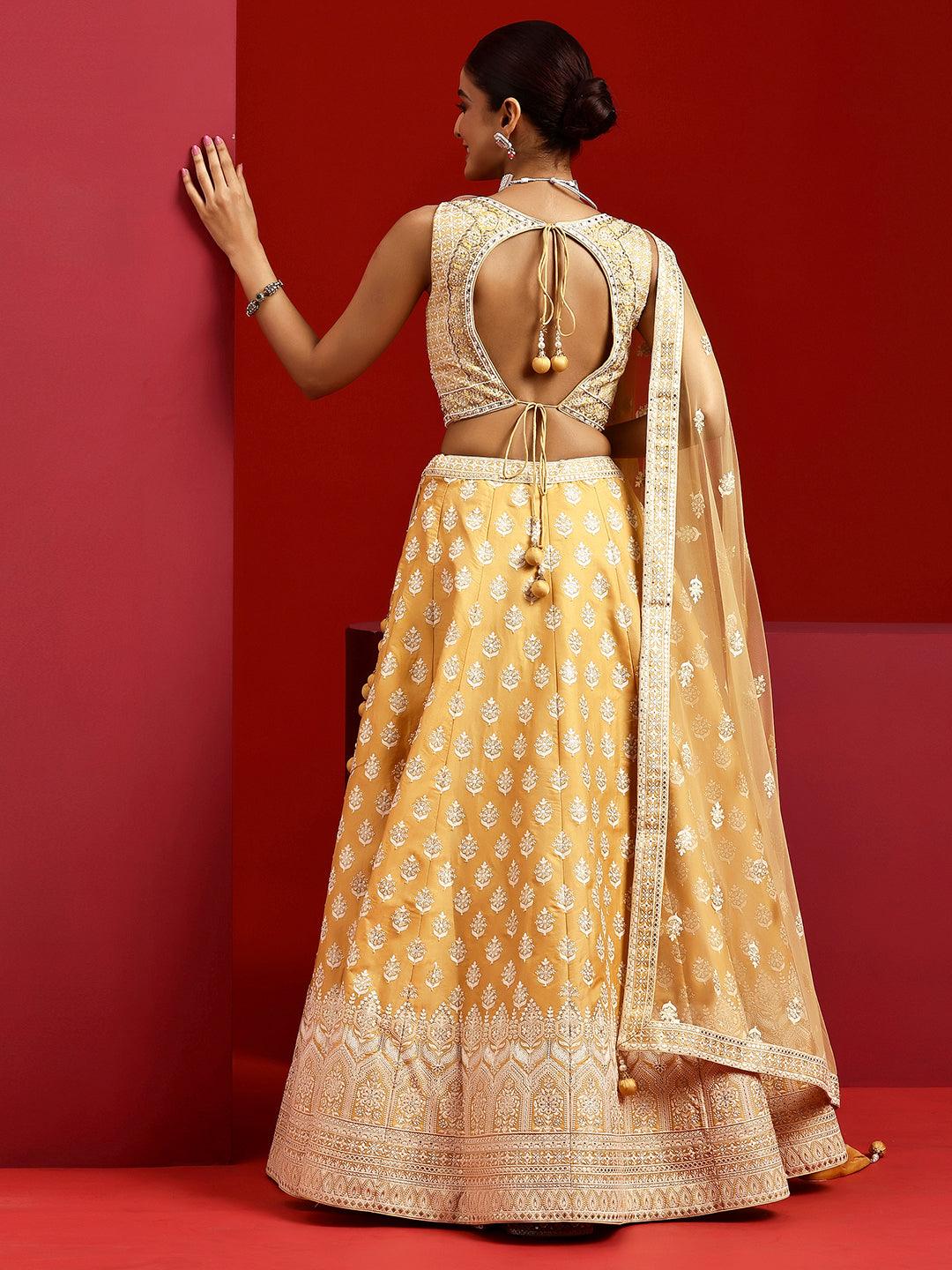 Libas Art Yellow Embroidered Silk Blend Lehenga Set - Libas