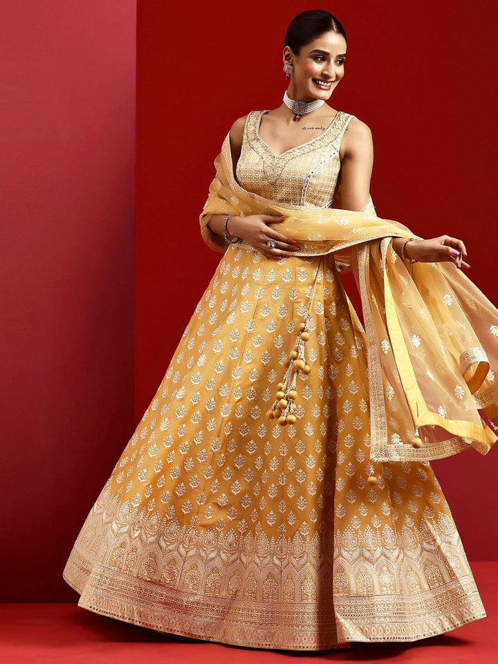 Libas Art Yellow Embroidered Silk Blend Lehenga Set - Libas