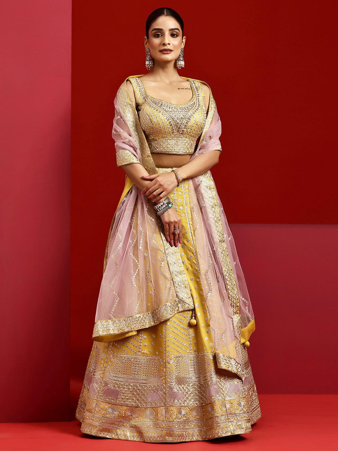 Libas Art Yellow Embellished Silk Blend Lehenga Set - Libas 