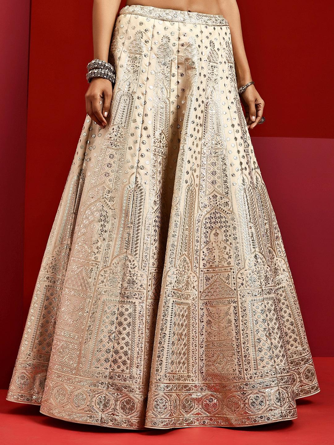 Libas Art Beige Embroidered Silk Blend Lehenga Set - Libas 