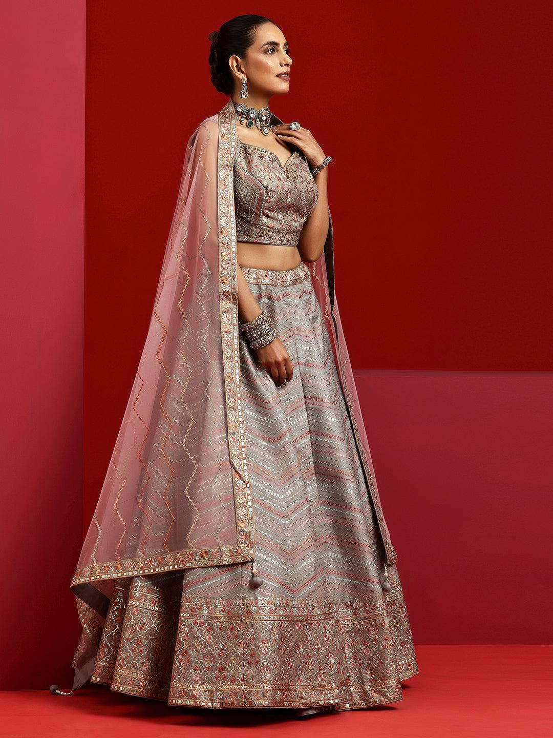 Libas Art Grey Embroidered Silk Blend Lehenga Set - Libas 