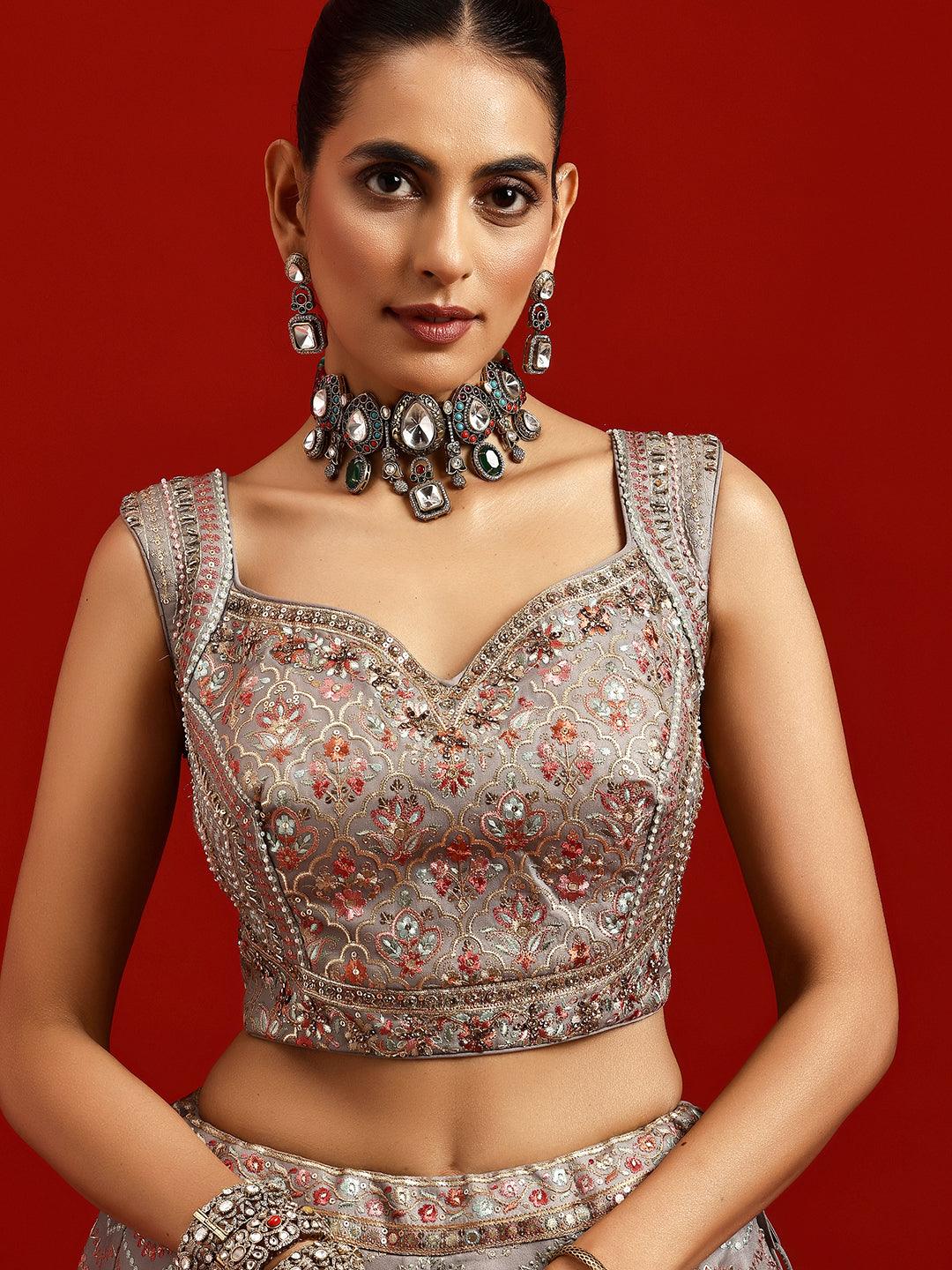 Libas Art Grey Embroidered Silk Blend Lehenga Set - Libas 