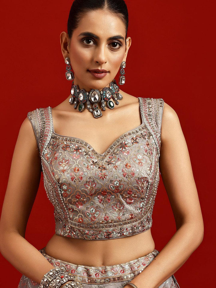 Libas Art Grey Embroidered Silk Blend Lehenga Set - Libas