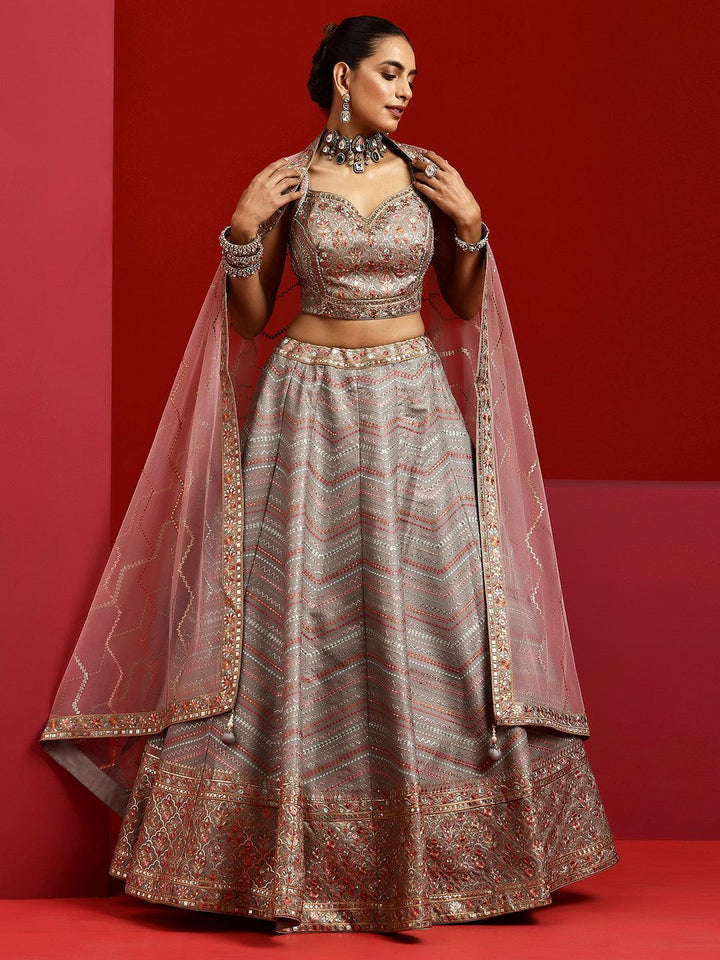 Libas Art Grey Embroidered Silk Blend Lehenga Set - Libas