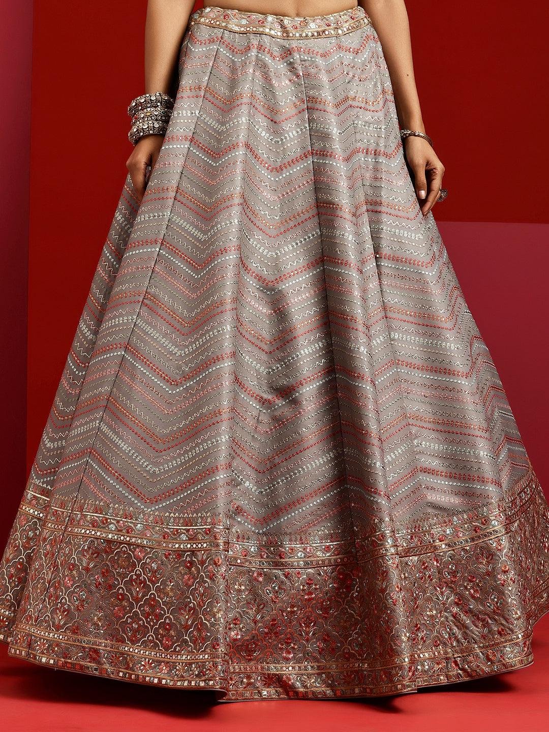 Libas Art Grey Embroidered Silk Blend Lehenga Set - Libas 