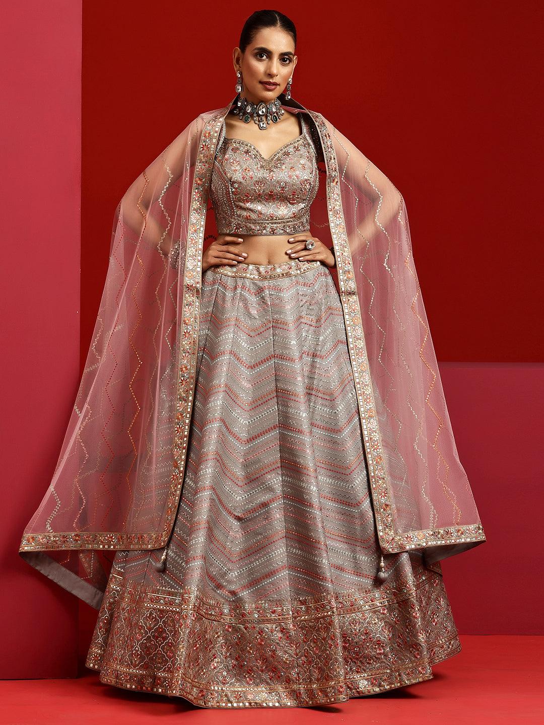 Libas Art Grey Embroidered Silk Blend Lehenga Set - Libas 