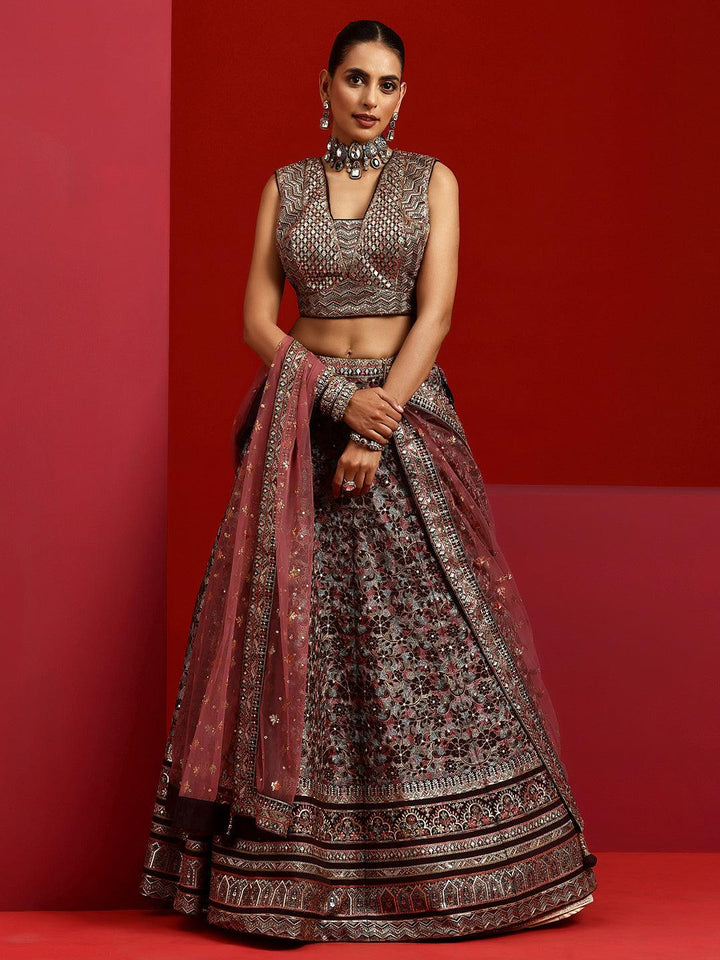 Libas Art Wine Embroidered Silk Blend Lehenga Set - Libas